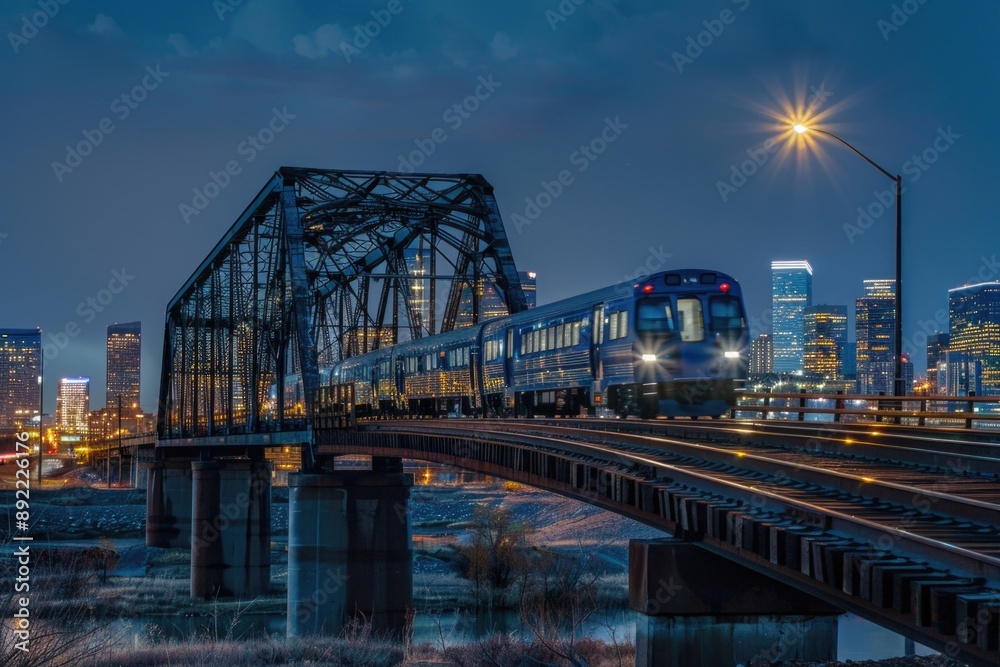 Fototapeta premium A train travels along a bridge spanning a river