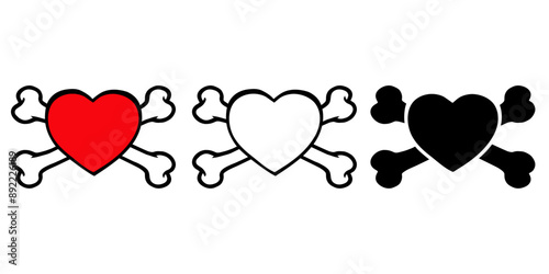 Grupo de corazones con huesos cruzados, como símbolo pirata, para tarjetas y felicitaciones de San Valentín o Halloween 