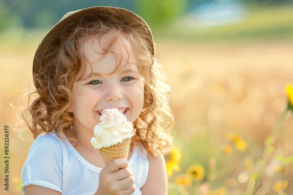 Happy preschool girl eating colorful ice cream in waffle cone on sunny summer day. Little toddler child eat icecream dessert. Sweet food on hot warm summertime days. Bright light, colorful ice-cream Happy preschool girl eating colorful ice cream in waffle cone on sunny summer day. Little toddler child eat icecream dessert. Sweet food on hot warm summertime days. Bright light, colorful ice-cream