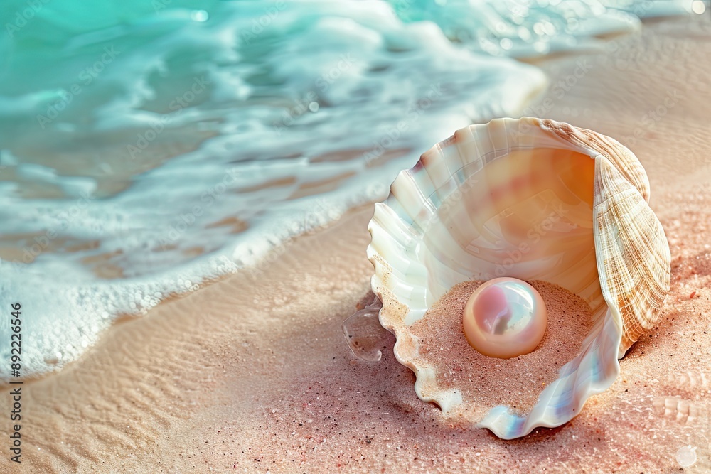 A Pearl Nestled in a Seashell on a Sandy Beach A Pearl Nestled in a Seashell on a Sandy Beach