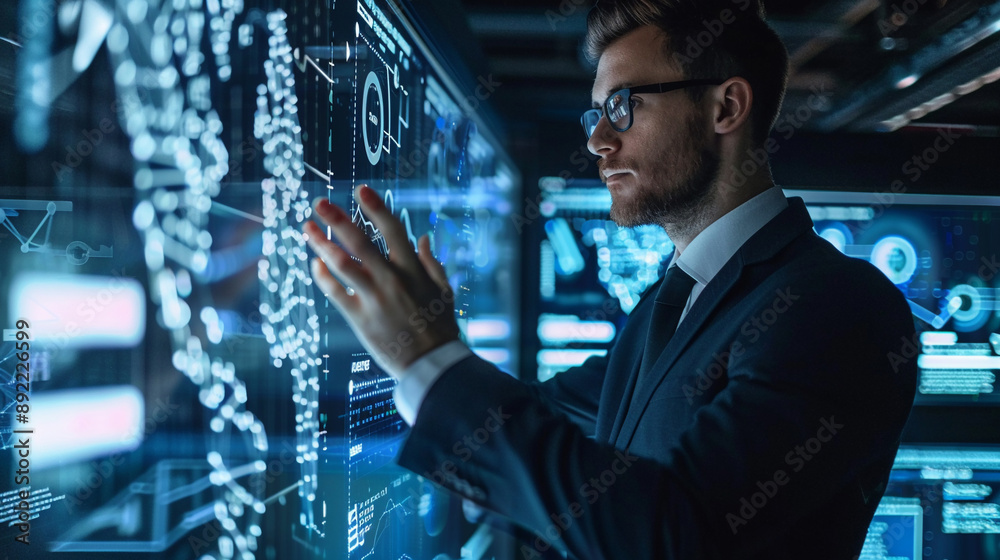 Fototapeta premium Businessman using AI technology for cybersecurity enhances threat detection and response capabilities