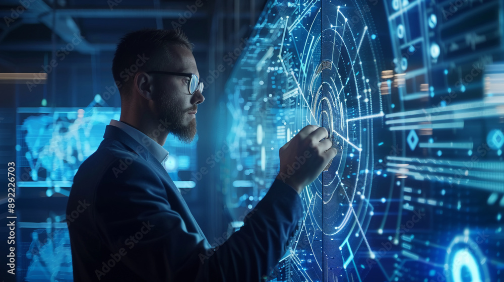 Businessman using AI technology for cybersecurity enhances threat detection and response capabilities