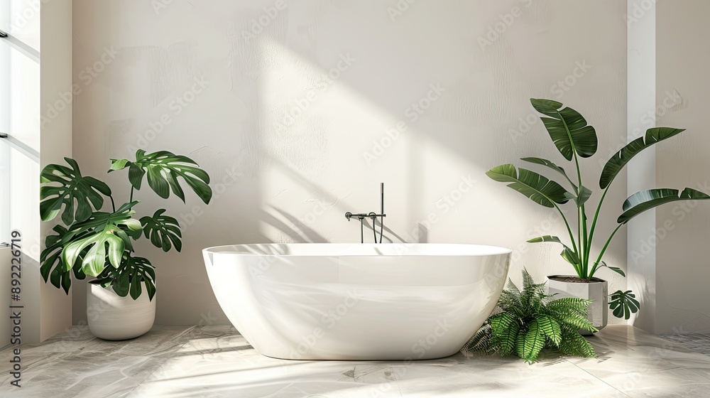 Fototapeta premium Interior of light bathroom with counters sink and mirror. 