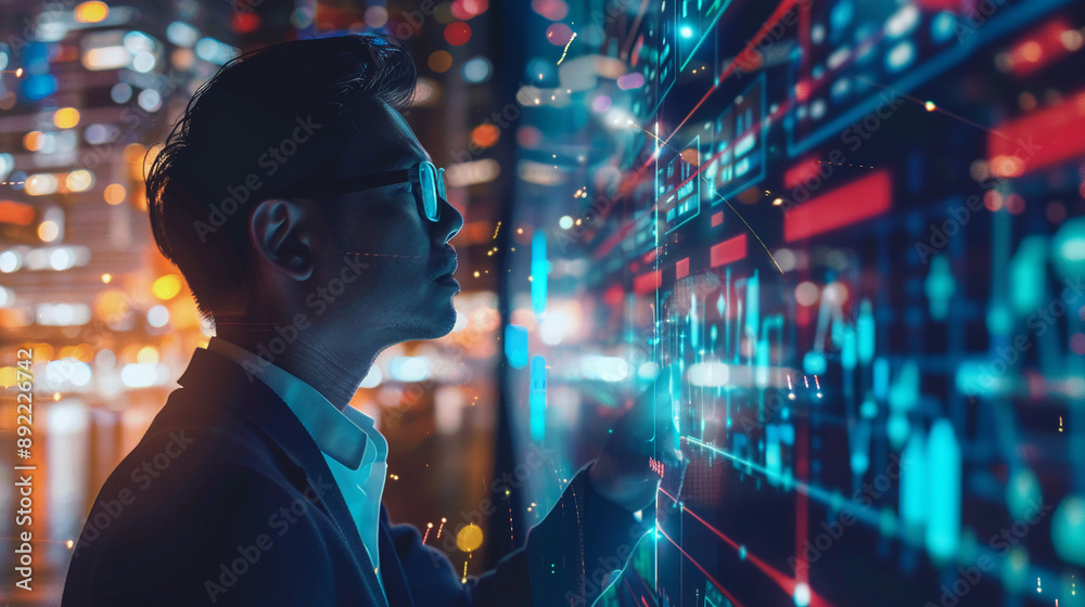 Businessman using AI technology enables advanced data analysis capabilities Businessman using AI technology enables advanced data analysis capabilities