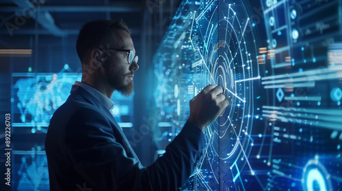 Obraz na płótnie Businessman using AI technology for cybersecurity enhances threat detection and response capabilities w salonie