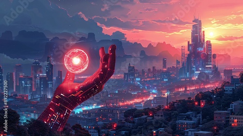 A Giant Digital Hand Presents A Glowing Orb in a Futuristic, Neon-Lit Metropolis