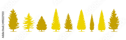 A simple vector illustration depicting golden silhouettes of pine trees in different sizes against a white background.