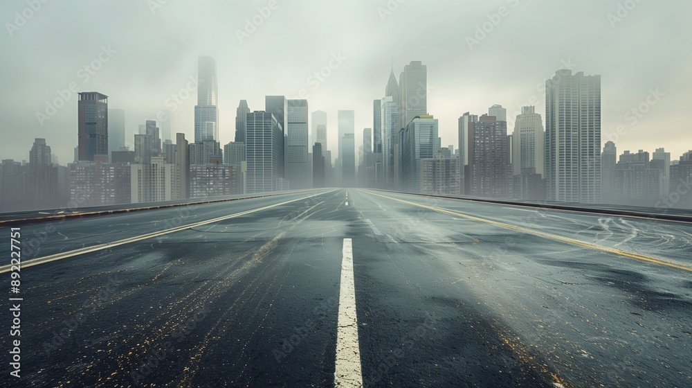 A wide highway extends towards a city skyline shrouded in fog The image captures modern skyscrapers and diverse architecture with the road extending symmetrically in the foreground under a hazy A wide highway extends towards a city skyline shrouded in fog The image captures modern skyscrapers and diverse architecture with the road extending symmetrically in the foreground under a hazy