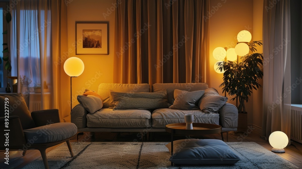 Interior of living room with cozy grey sofa armchair and glowing lamps Interior of living room with cozy grey sofa armchair and glowing lamps