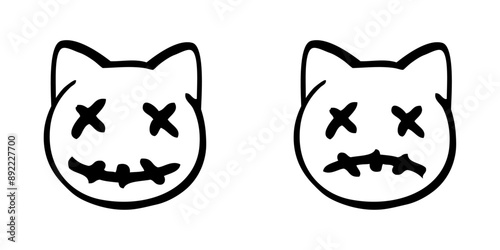 Logo con grupo de emoticonos de gato zombi para invitaciones y tarjetas de Halloween. Cara de gato muerto con expresión triste y alegre como personaje emoji