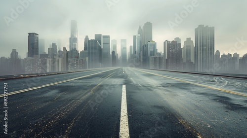 A wide highway extends towards a city skyline shrouded in fog The image captures modern skyscrapers and diverse architecture with the road extending symmetrically in the foreground under a hazy © kaiserseeing