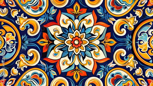 Italian ceramic tile pattern. Mediterranean porcelain pottery. Ethnic folk ornament. Mexican talavera  portuguese azulejo  spanish majolica  arabesque motif. Vector illustration