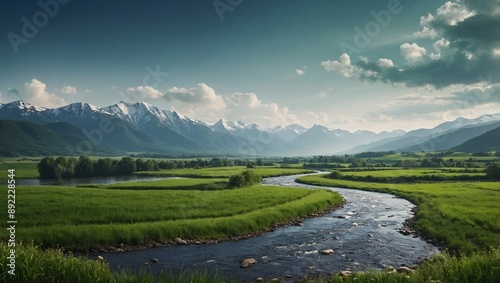 Mountain landscape with a river and green fields in a realistic vector style