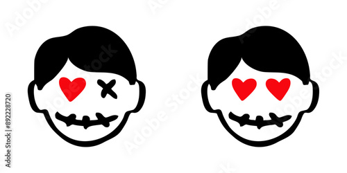 Logo con grupo de emoticonos de zombi con corazones en lugar de ojos para invitaciones y tarjetas de Halloween. Cabeza de zombi como personaje emoji