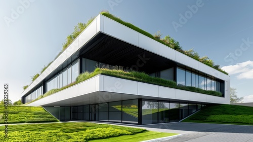 A modern office building with a green roof covered in plants and grass, promoting sustainability, high-resolution photo, realistic photo, cinematography, hyper realistic © JP STUDIO LAB