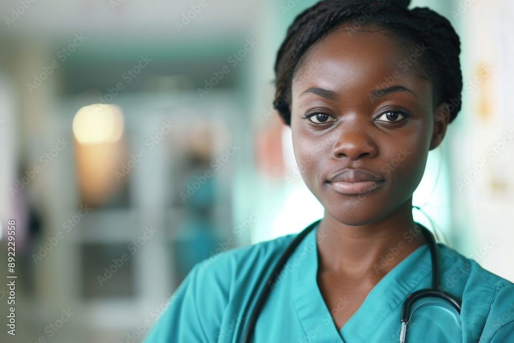 Fototapeta premium A doctor stands in a hospital hallway, wearing a stethoscope