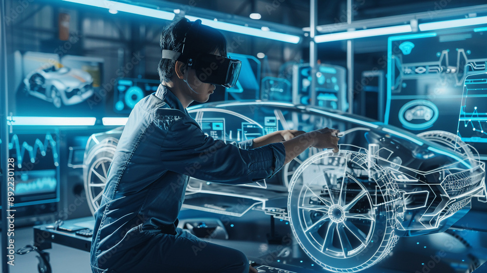 The engineer is analyzing data from the vehicle testing station. The engineer is analyzing data from the vehicle testing station.