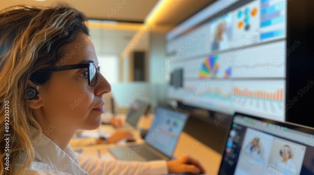 Data Analysis, Woman analyzing data on multiple screens, Business Intelligence. Data Analysis, Woman analyzing data on multiple screens, Business Intelligence.