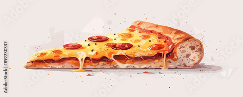 A slice of freshly baked pizza, its golden crust bubbling with cheese and toppings, resting on a clean white surface. Vector flat minimalistic isolated illustration.
