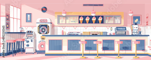 Vintage ice cream parlor with a retro jukebox Vector flat minimalistic isolated illustration