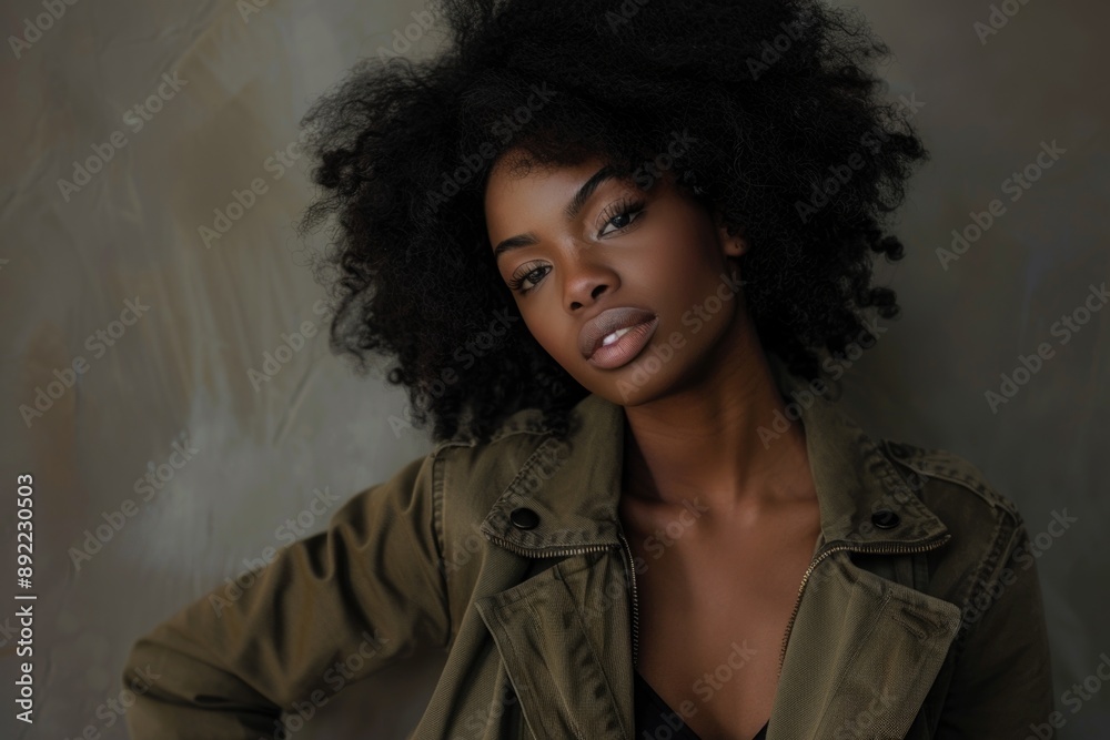 A woman with an afro poses confidently in front of a neutral background A woman with an afro poses confidently in front of a neutral background