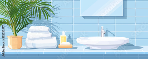 Clean bathroom with towels and soap dish. Vector flat minimalistic isolated illustration