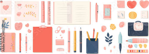 Scrapbooking supplies and decorative paper on a plain white backdrop. Vector flat isolated illustration.