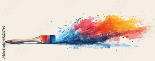 A paintbrush, its bristles loaded with vibrant colors, ready to bring imagination to life, resting on a clean white surface. Vector flat minimalistic isolated