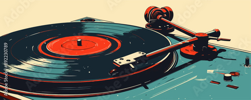Vintage record player with spinning vinyl. Vector flat minimalistic isolated illustration