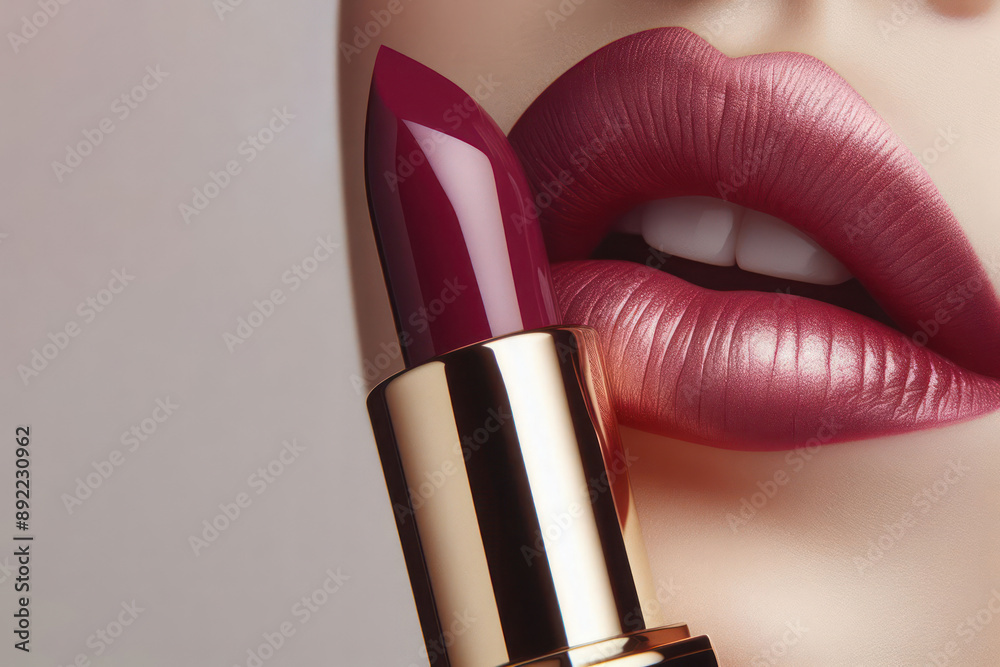 Obraz premium Lipstick on the background of the lips close-up. Space for text.