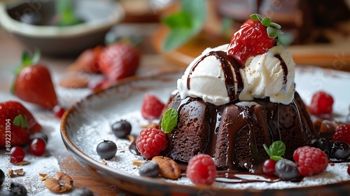 Tasty chocolatey lava cake topped with creamy ice cream photo