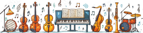Musical instruments and sheet music on a clean white surface. Vector flat isolated illustration.