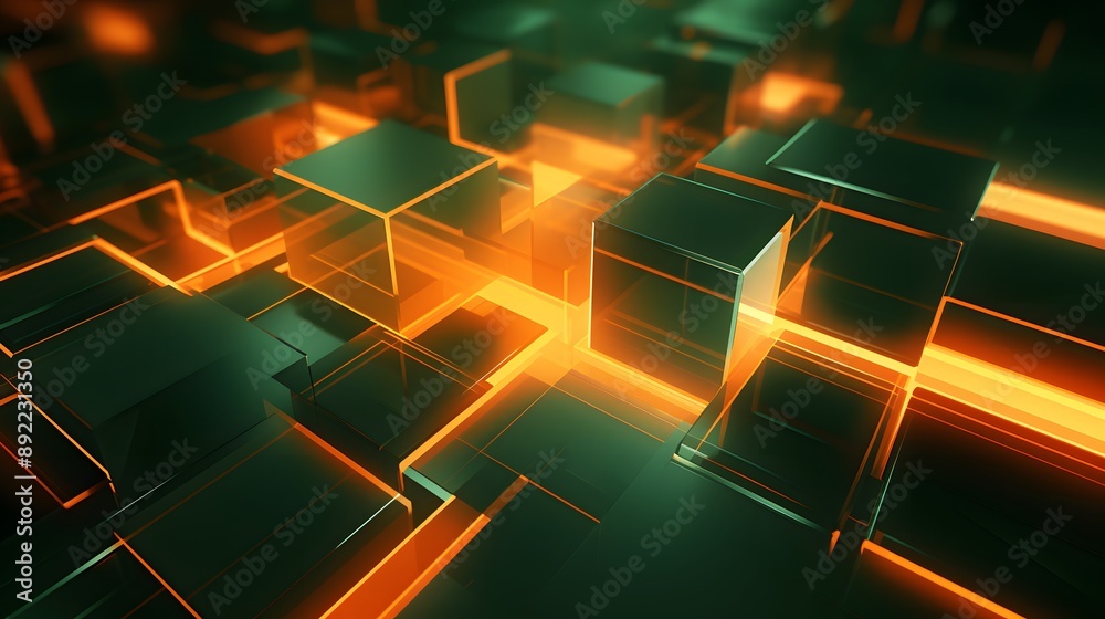 3d rendering of green and orange abstract geometric background. Scene for advertising, technology, showcase, banner, game, sport, cosmetic, business, metaverse. Sci-Fi Illustration. Product display 3d rendering of green and orange abstract geometric background. Scene for advertising, technology, showcase, banner, game, sport, cosmetic, business, metaverse. Sci-Fi Illustration. Product display