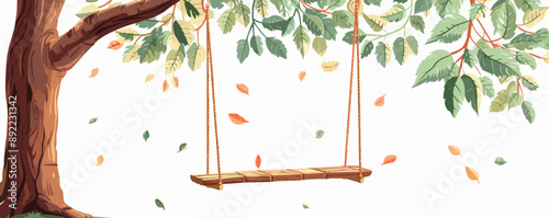A rustic wooden swing hanging from a sturdy tree branch. Vector flat minimalistic isolated illustration.