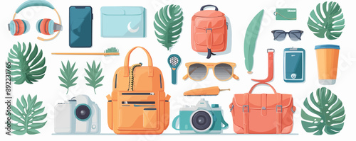 Travel accessories and vacation essentials on a clean white surface. Vector flat isolated illustration.