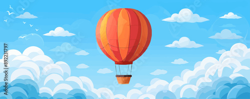 Nostalgic hot air balloon with woven basket and clouds Vector flat minimalistic isolated illustration