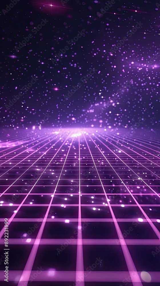 Perspective Grid. Abstract background shining purple floor ground particles stars dust with flare. Futuristic glittering in space on dark purple Perspective Grid. Abstract background shining purple floor ground particles stars dust with flare. Futuristic glittering in space on dark purple