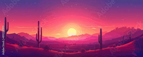 A radiant sunset over a desert landscape with cacti silhouetted against the sky. Vector flat minimalistic isolated illustration.