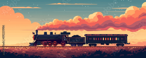 Vintage train chugging along tracks Vector flat minimalistic isolated illustration