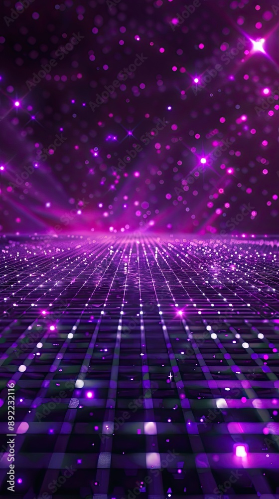 Perspective Grid. Abstract background shining purple floor ground particles stars dust with flare. Futuristic glittering in space on dark purple Perspective Grid. Abstract background shining purple floor ground particles stars dust with flare. Futuristic glittering in space on dark purple
