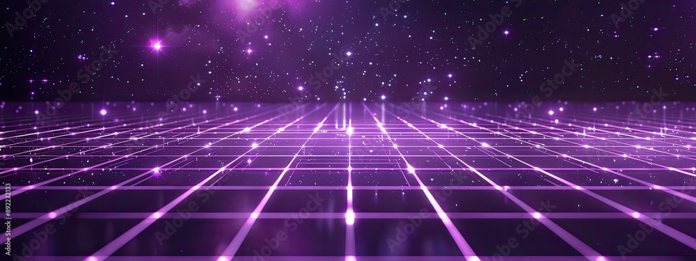 Perspective Grid. Abstract background shining purple floor ground particles stars dust with flare. Futuristic glittering in space on dark purple Perspective Grid. Abstract background shining purple floor ground particles stars dust with flare. Futuristic glittering in space on dark purple