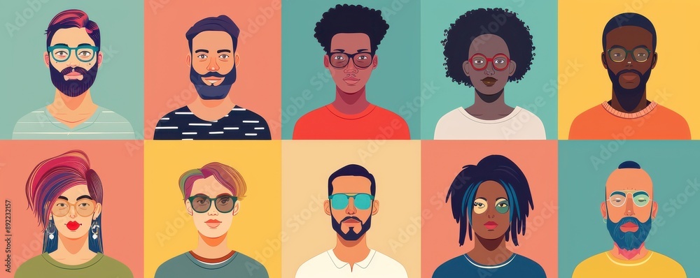 A colorful image of people with different hairstyles and facial features. A colorful image of people with different hairstyles and facial features.