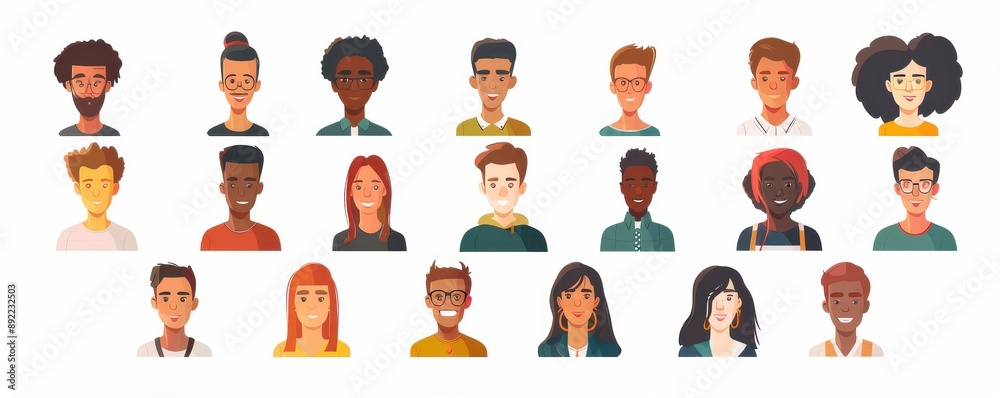 A colorful image of people with different hairstyles and facial features.