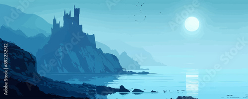 A mystical castle shrouded in fog on a rocky cliff overlooking the sea. Vector flat minimalistic isolated illustration