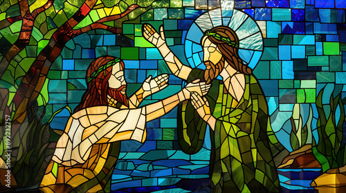 Stained glass with the scene of the baptism of Jesus.