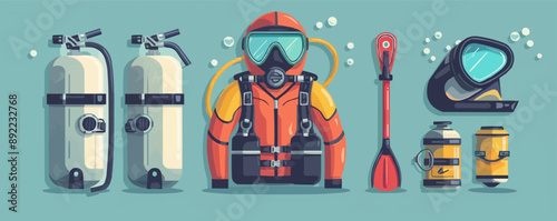 Vintage scuba diving gear with mask, snorkel, and oxygen tank Vector flat minimalistic isolated illustration