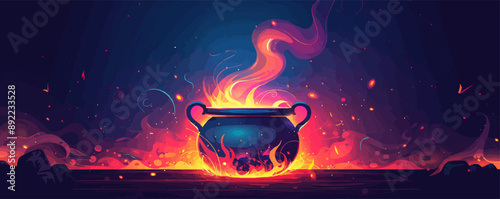 A mystical potion brewing in a bubbling cauldron over a crackling fire. Vector flat minimalistic isolated illustration.
