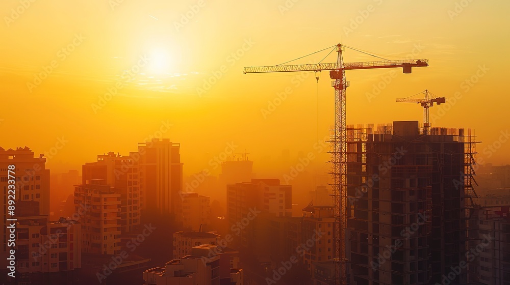 Building under construction, crane and building construction site on sunset daytime, industrial development Building under construction, crane and building construction site on sunset daytime, industrial development