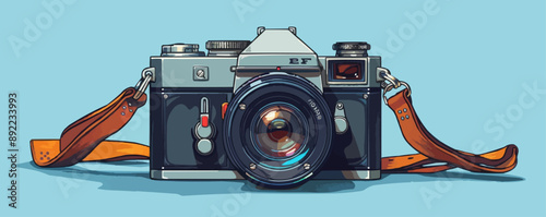 Vintage camera with a leather strap and adjustable lens Vector flat minimalistic isolated illustration