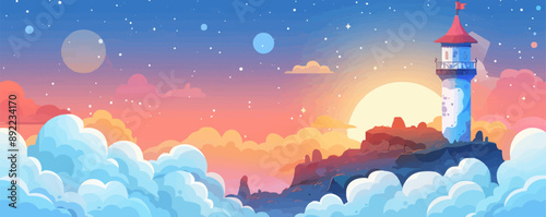 Fantasy wizard's tower with swirling clouds Vector flat minimalistic isolated illustration